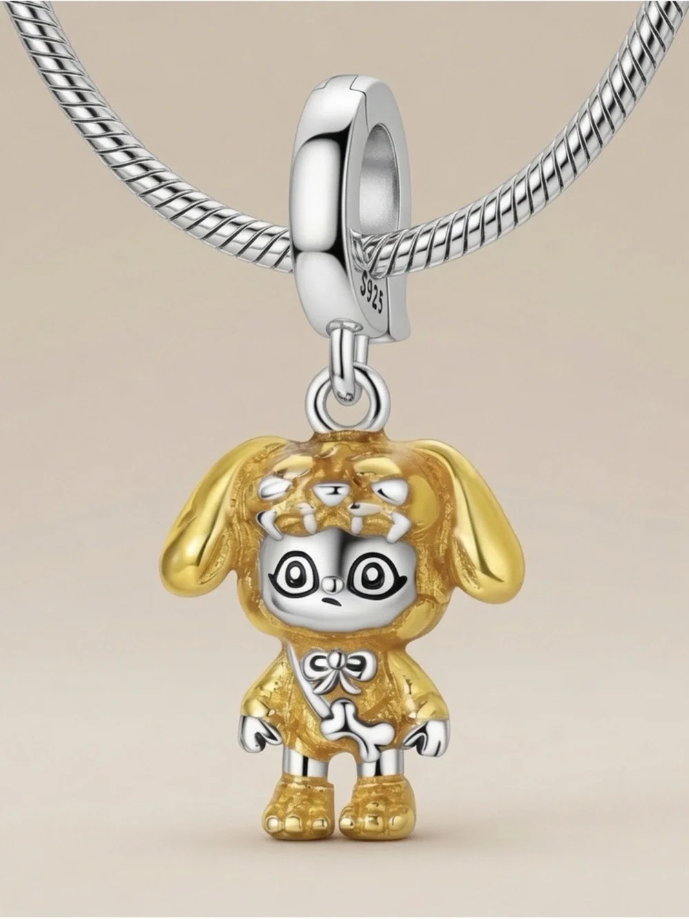Sterling Silver & Gold Dog Charm Pendant - Cute Puppy Costume